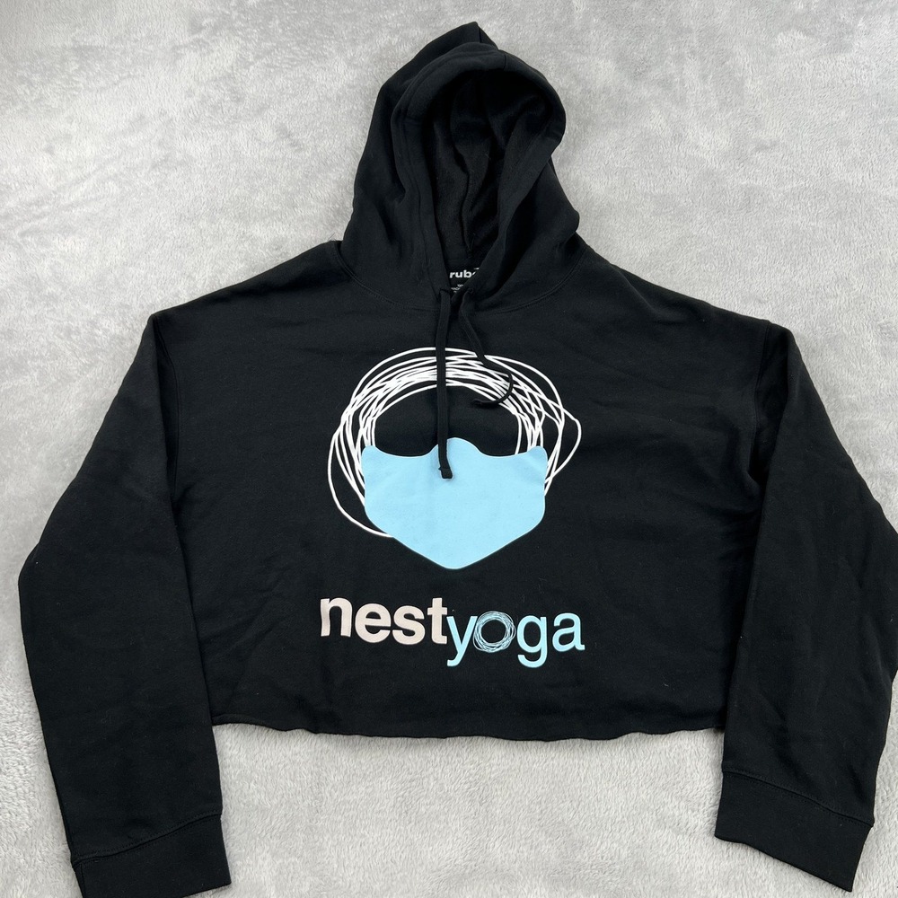 Rubee Nest Yoga Cropped Hoodie L Black Womens Mask Logo Pullover USA Yoga Gym